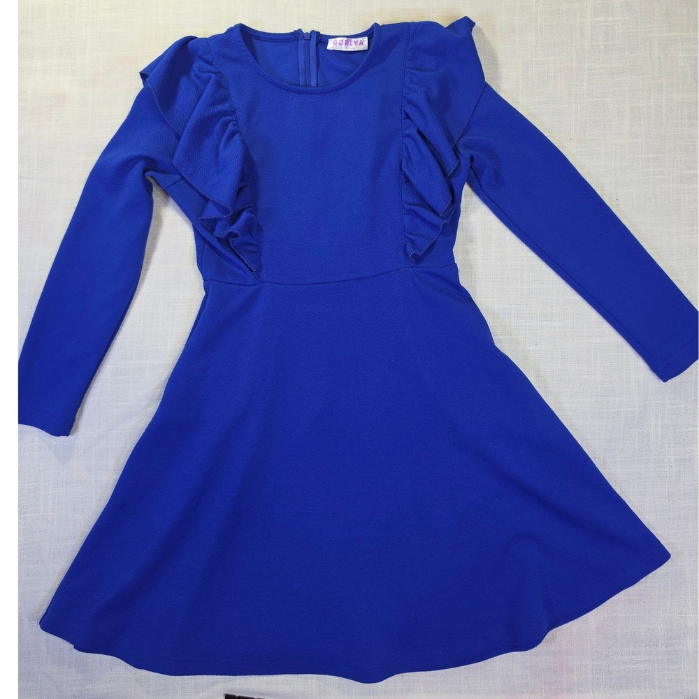GORLYA Girls Royal Blue Long Sleeve Ruffle Trim Skater Dress Size 12Y